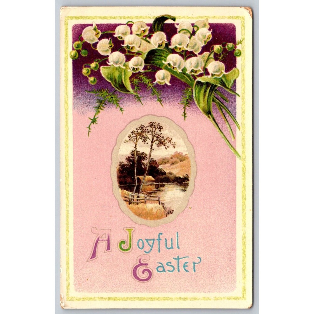 Postcard Joyful Easter Lily of the Valley Cottage Lithograph Unposted Message